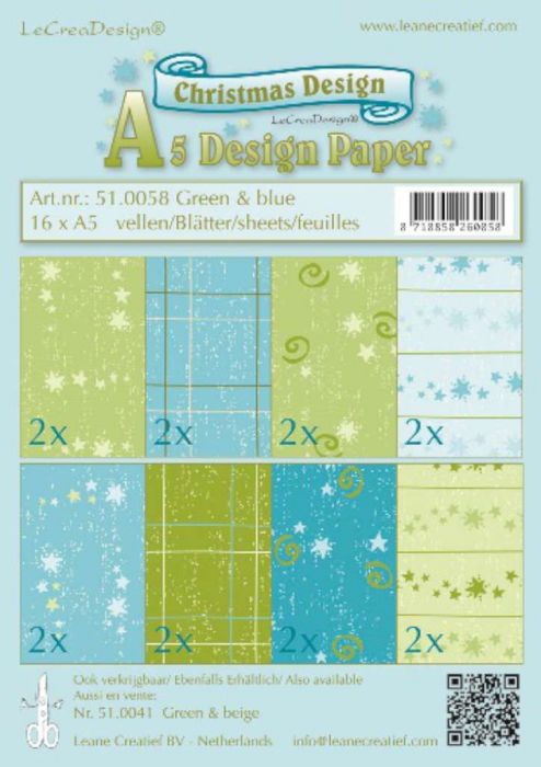 LeCrea - Christmas design papier assortiment groen/blauw A5 16 vellen 51.0058