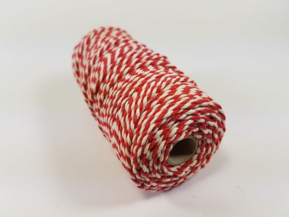 Katoen Macramé touw spoel nr 32 circa  2 mm 100grs - rood wit +/- 43mtr