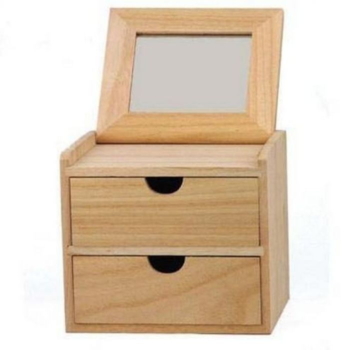 Houten kast met 2 laden en spiegel 16cm x 13,5cm x 14cm