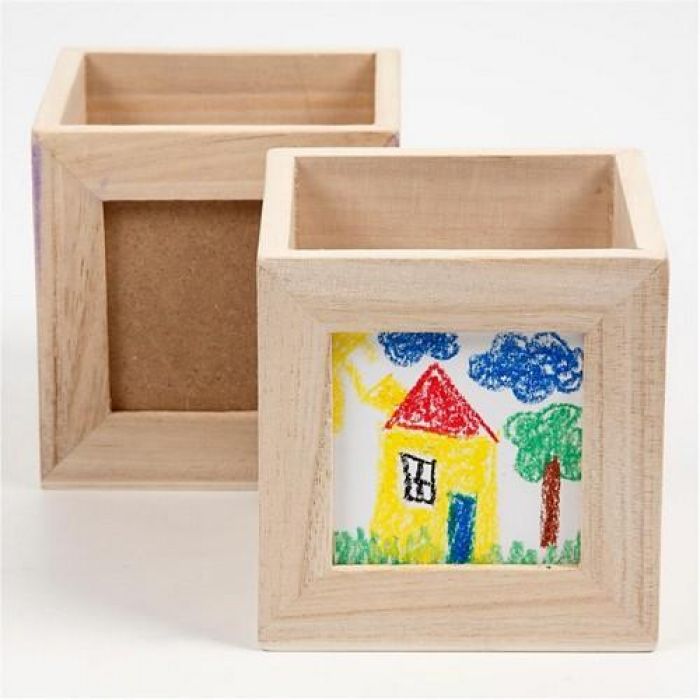 Houten pennenbakje vierkant met uitneembare voorkant 10cm x 10cm x 10cm